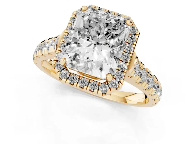 Radiant Cut Diamond Halo Engagement Ring Set in Yellow gold with Pavé Band and Prong-Set Center – second view
