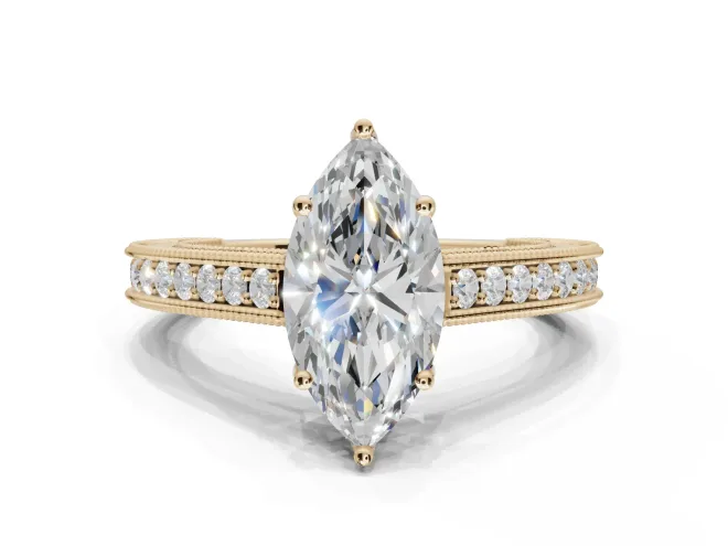 Marquise Vintage Engraved Pavé Engagement Ring Setting | Milgrain Edges | Yellow Gold