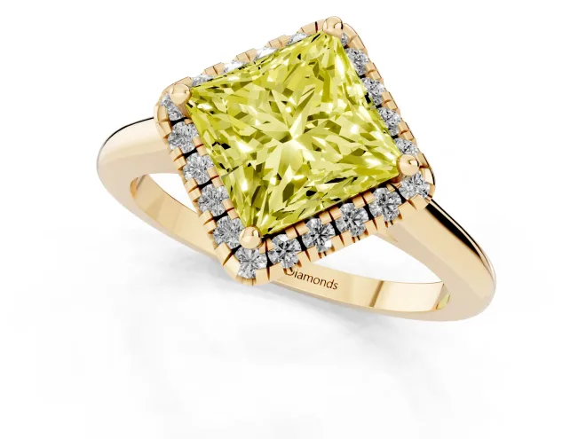 Fancy Yellow Princess Cut Diamond Halo Engagement Ring Set in Yellow gold with Pavé Band and Rising Shoulders – second view