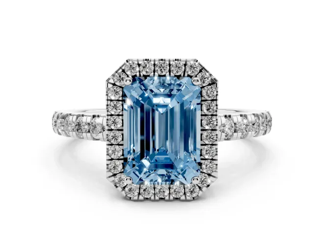Fancy Blue Emerald Cut Diamond Halo Ring Set in Platinum with Delicate Pavé Band and Prong Setting
