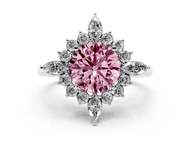 Fancy Pink Round Cut Diamond Cluster Halo Ring Set in White gold with Marquise and Round Accents