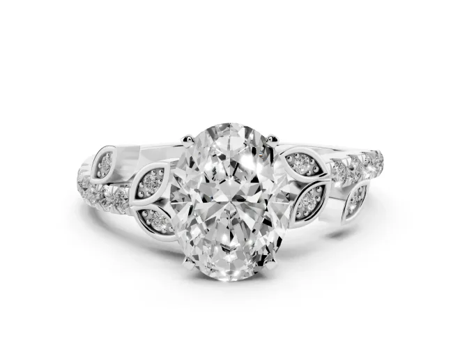 Oval Cut Diamond Solitaire Leaf-Inspired Ring Set in Silver with Pavé Band and Prong Setting