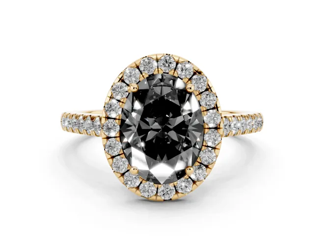 Fancy Black Oval Cut Diamond Halo Pavé Engagement Ring Set in Yellow gold with Prong Setting