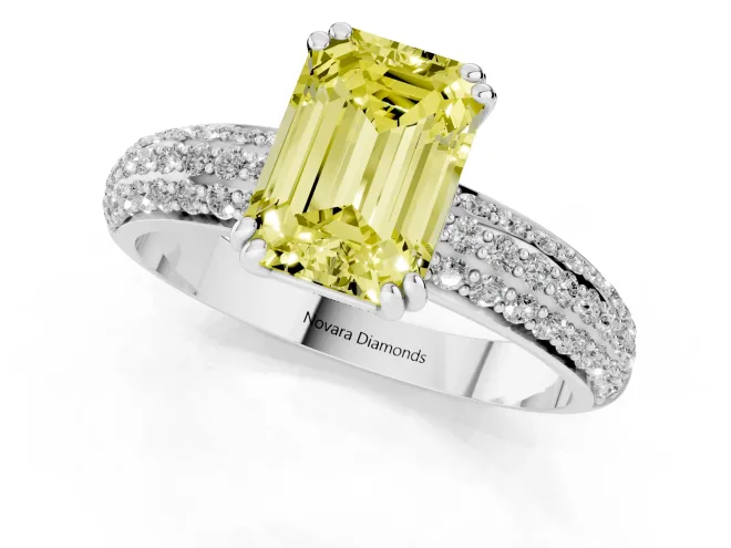 Fancy Yellow Emerald Cut Diamond Solitaire Ring Set in White gold with Multi-Row Round Pavé Band and Prong Setting – second view