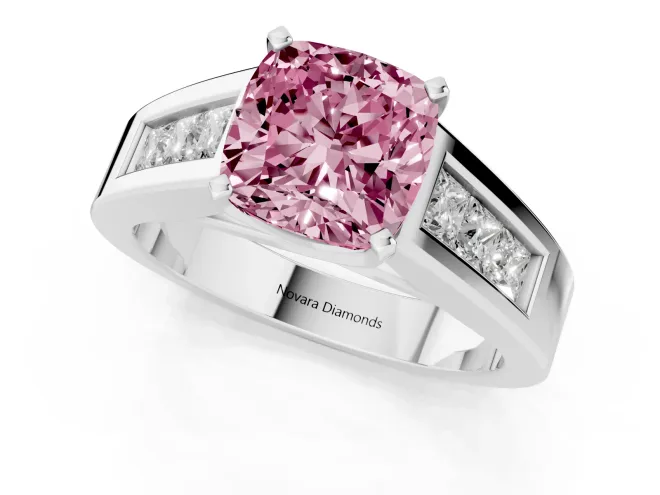 Fancy Pink Cushion Cut Diamond Solitaire Ring Set in Silver with Channel-Set Accent Stones and Prong Setting – second view