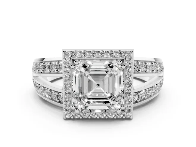 Asscher Cut Diamond Halo Ring Set in Platinum with Double Pavé Split Shank