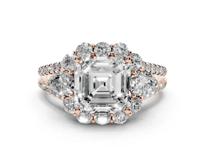Asscher Cut Scalloped Halo Engagement Ring Setting | Pear Side Stones | Rose Gold