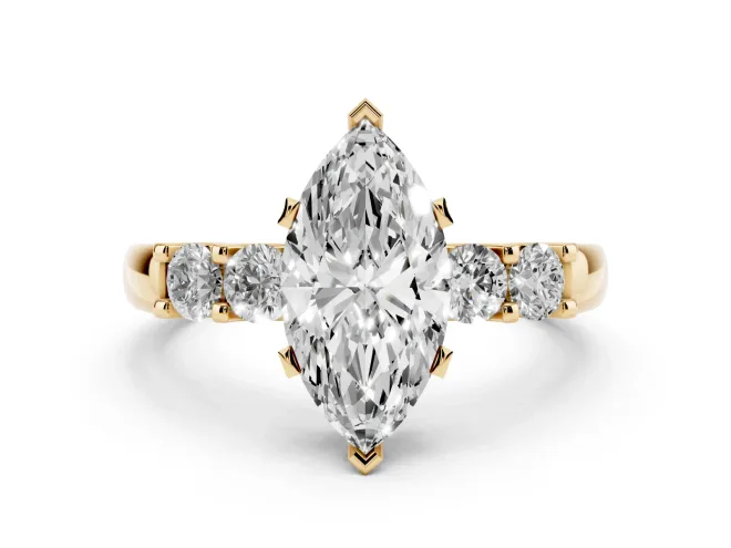 Marquise Cut Diamond Five-Stone Prong Set Engagement Ring Set in Yellow gold with Channel Band