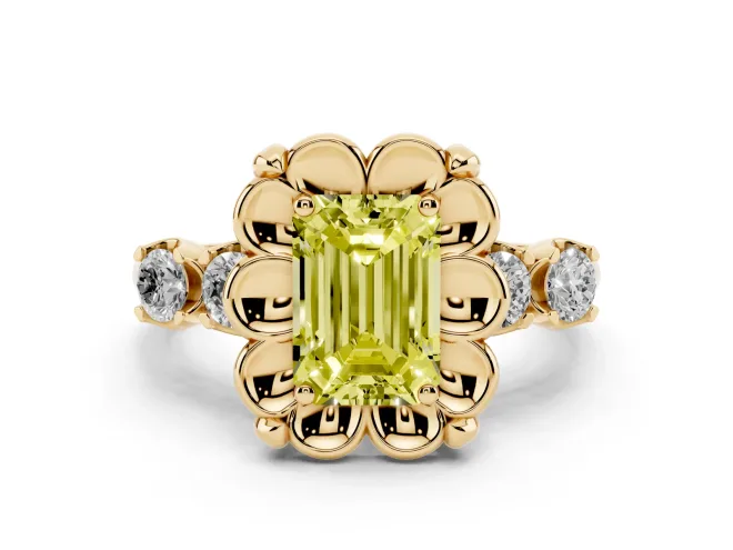 Fancy Yellow Emerald Cut Diamond Floral Halo Ring Set in Yellow gold with Shared Prong Band