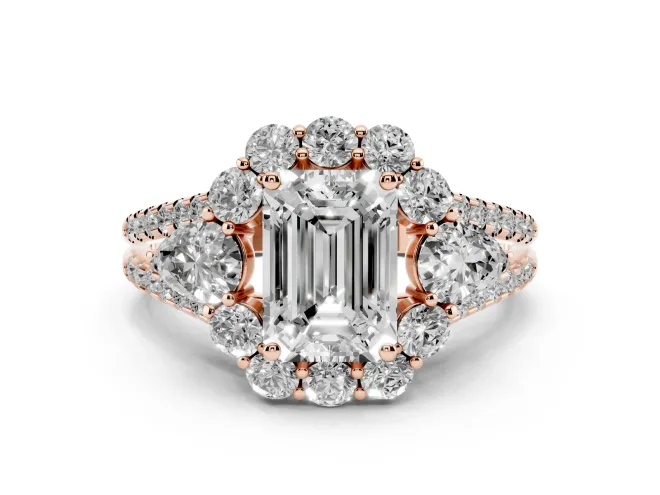 Emerald Cut Scalloped Halo Engagement Ring Setting | Pear Side Stones | Rose Gold