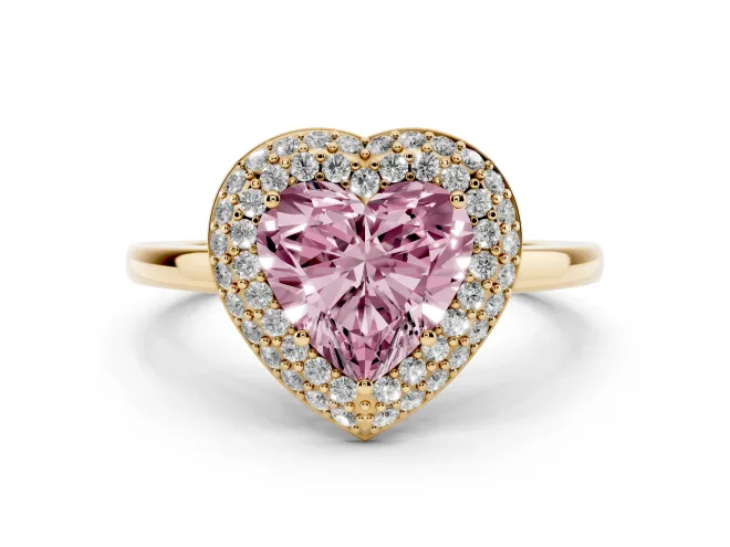 Heart-Shaped Pavé Halo Engagement Ring Setting for a Fancy Pink Lab-Grown Diamond | Slim Plain Band | Yellow Gold