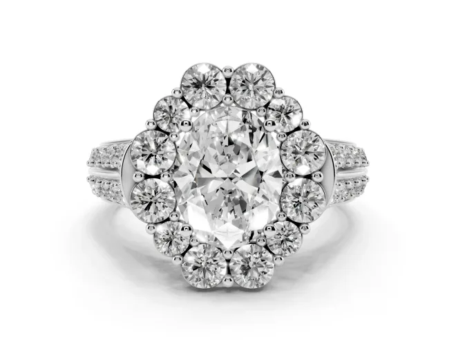 Oval Cut Diamond Halo Engagement Ring Set in Silver with Split Shank and Prong Setting