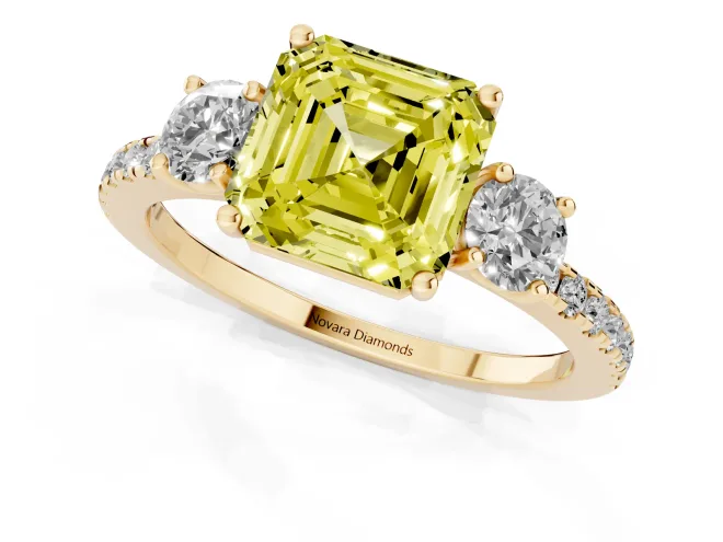 Fancy Yellow Asscher Cut Diamond Three-Stone Ring Set in Yellow gold with Pavé Band and Graduated Sides – second view