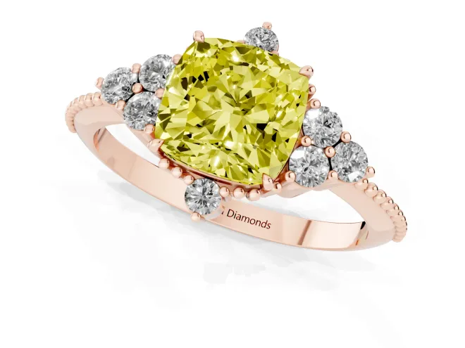 Fancy Yellow Cushion Cut Diamond Cluster Ring Set in Rose gold with Beaded Band – second view