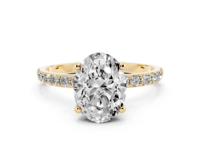 8 Carat Oval Lab-Grown Diamond Solitaire Engagement Ring | Pavé Shoulders | Yellow Gold