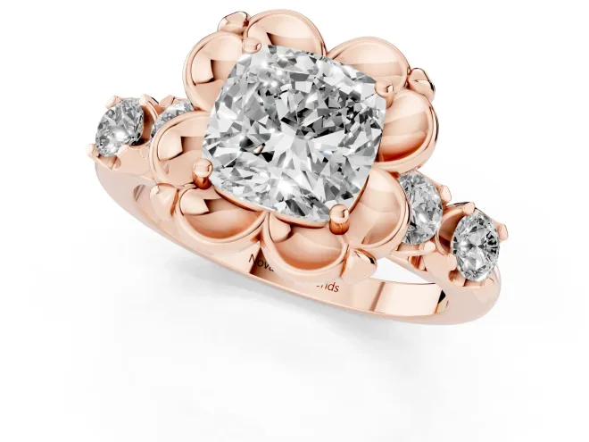 Cushion Cut Diamond Floral Halo Ring Set in Rose gold with Shared Prong Band – second view