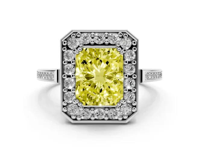 Radiant Cut Halo Engagement Ring Setting for a Fancy Yellow Lab-Grown Diamond | Polished Halo Rim | White Gold