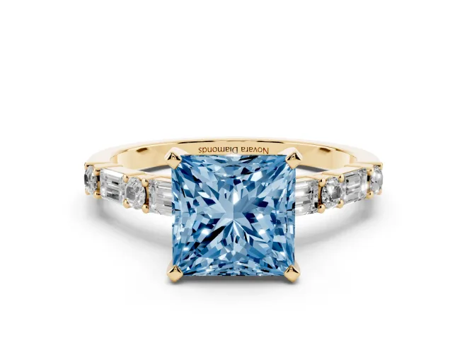 Princess Cut Baguette Side Stone Engagement Ring Setting for a Fancy Blue Lab-Grown Diamond | Yellow Gold