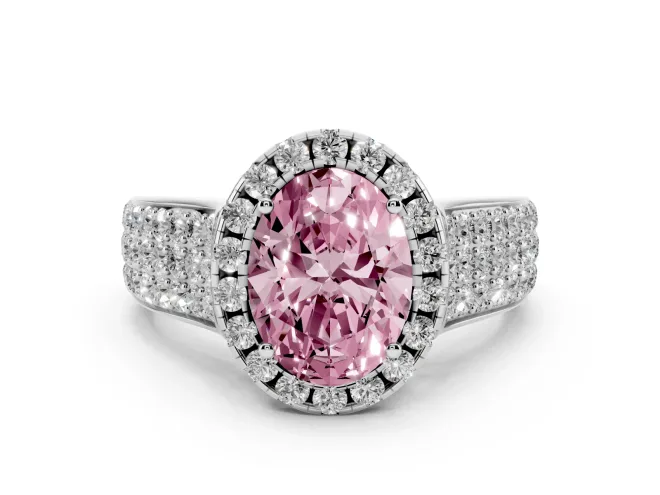 Oval Pavé Engagement Ring Setting for a Fancy Pink Lab-Grown Diamond | Wide Three-Row Band | White Gold