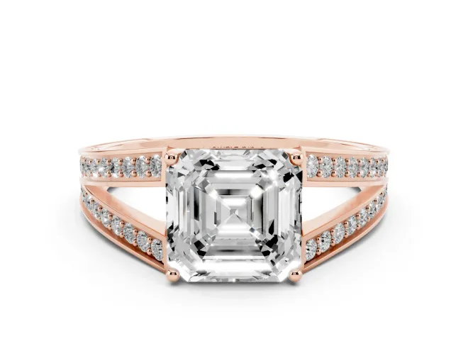 Asscher Cut Diamond Split Shank Ring Set in Rose gold with Pavé Band and Prong Setting