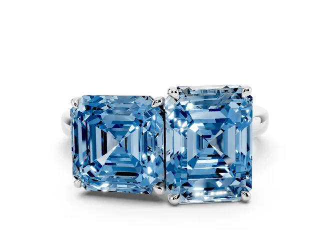Fancy Blue Asscher Cut and Emerald Cut Toi Moi Ring Set in White gold with Prong Setting
