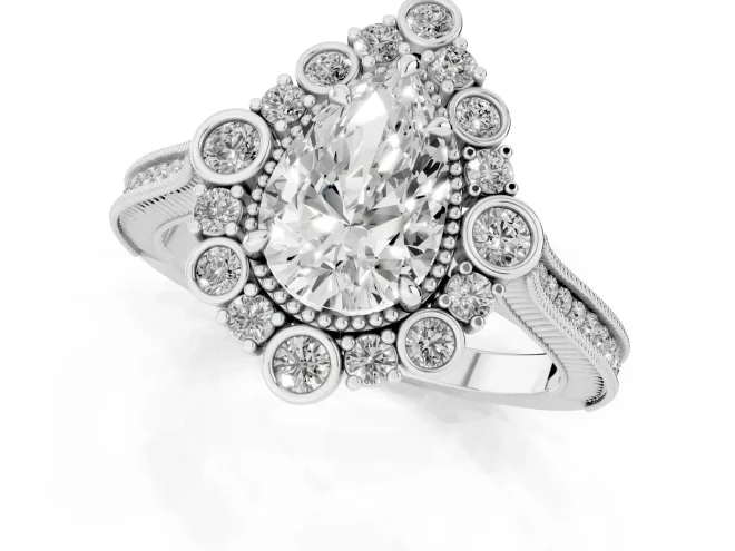 Pear Cut Diamond Halo Milgrain Pavé Ring Set in White gold with Prong Setting – second view