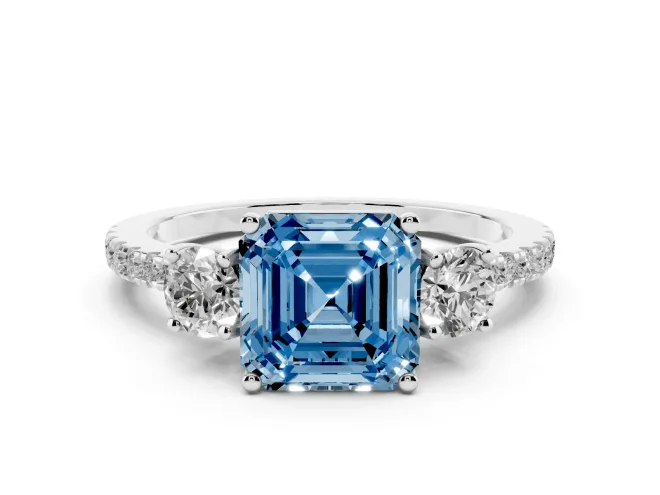 Fancy Blue Asscher Cut Diamond Three-Stone Ring Set in Silver with Pavé Band and Graduated Sides