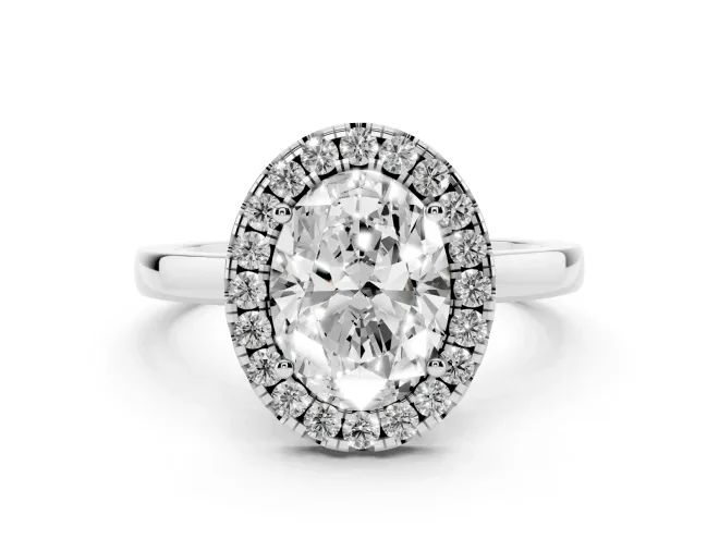 Oval Cut Diamond Halo Solitaire Ring Set in Silver with Pavé Band and Prong Setting