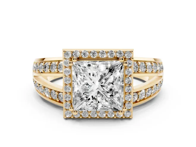 Princess Cut Diamond Halo Ring Set in Yellow gold with Double Pavé Split Shank