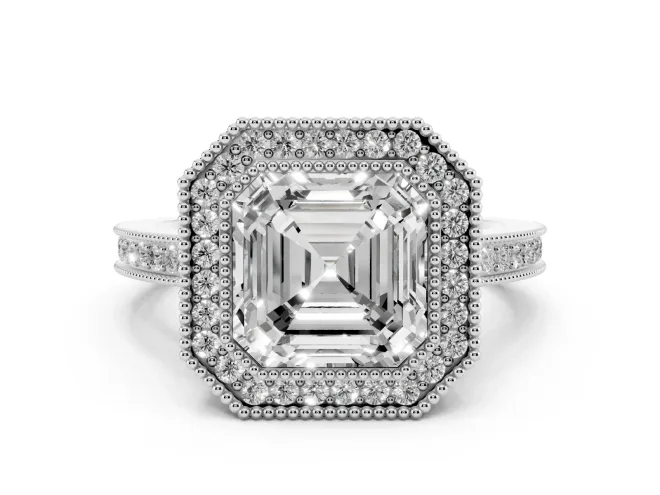 Asscher Cut Diamond Halo Ring Set in Silver with Pavé Band and Milgrain-Edged Prongs