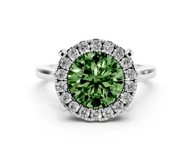 Round Halo Engagement Ring Setting for a Fancy Green Lab-Grown Diamond | Claw Corners | White Gold