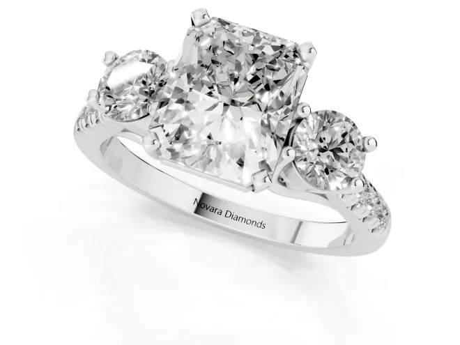 Three-Stone Radiant Cut Diamond Pavé Band Ring Set in White gold with Prong-Set Trio – second view