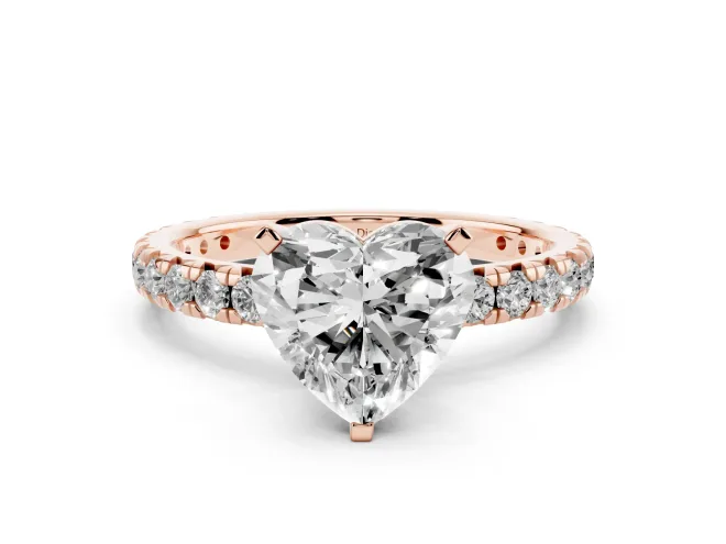 Heart Cut Diamond Pavé Solitaire Ring Set in Rose gold with Round Band and Prong Setting