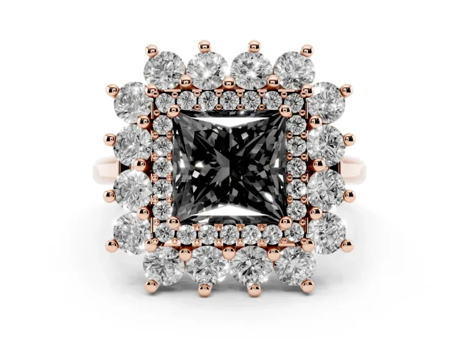 Princess Cut Floral Double Halo Engagement Ring Setting for a Black Center | Plain Band | Rose Gold