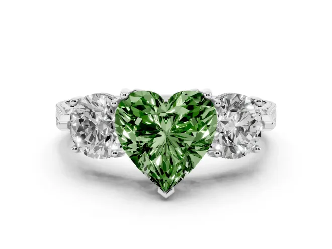 Fancy Green Heart Cut Diamond Three-Stone Ring Set in Silver with Milgrain Band