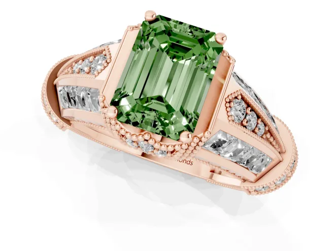 Fancy Green Emerald Cut Diamond Vintage-Inspired Milgrain Ring Set in Rose gold with Accent Split Shank – second view
