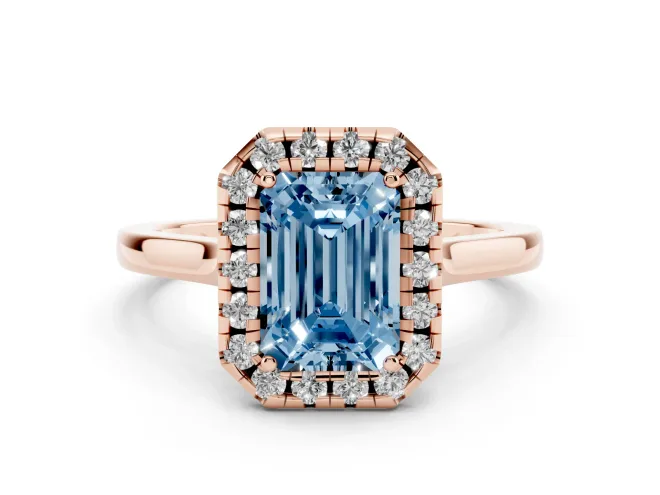 Emerald Cut Halo Engagement Ring Setting for a Fancy Blue Lab-Grown Diamond | Flat Tapered Band | Rose Gold