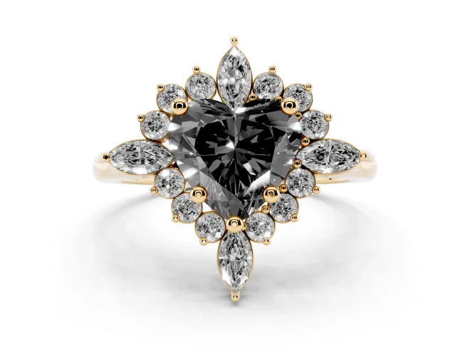 Heart-Shaped Cluster Halo Engagement Ring Setting for a Black Center | Yellow Gold