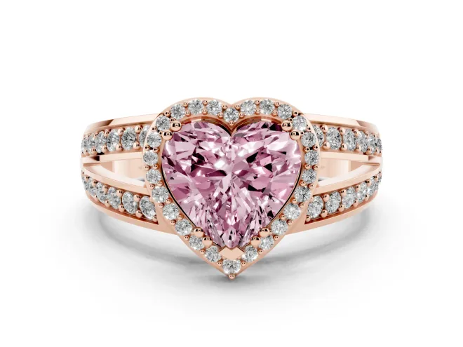 Fancy Pink Heart Cut Diamond Halo Ring Set in Rose gold with Double Pavé Split Shank