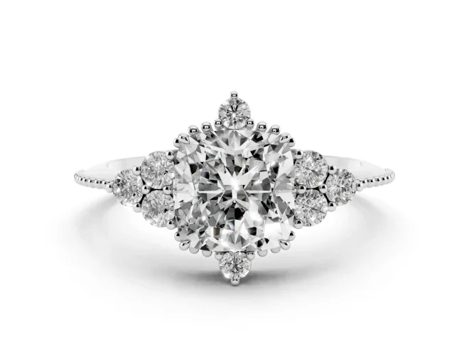 Cushion Cut Diamond Cluster Ring Set in Platinum with Beaded Band