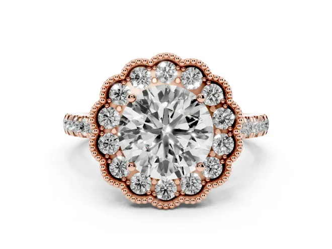 Round Vintage Milgrain Floral Halo Engagement Ring Setting | Pavé Band | Rose Gold