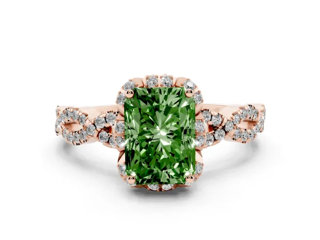 Radiant Cut Milgrain Halo Engagement Ring Setting for a Fancy Green Lab-Grown Diamond | Graduated Shoulders | Rose Gold