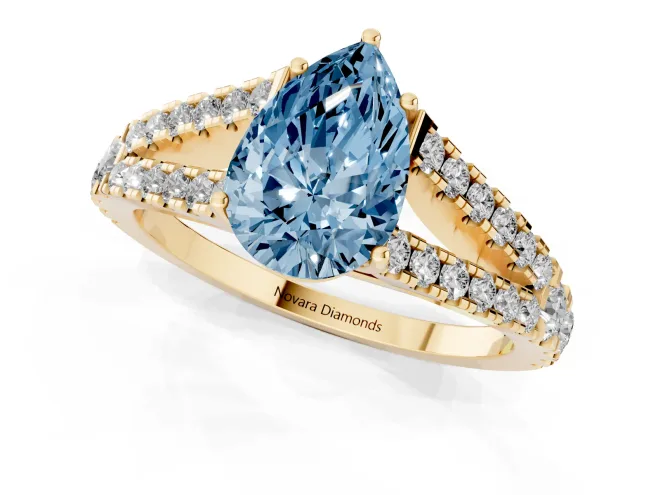 Fancy Blue Pear Cut Diamond Split Shank Pavé Engagement Ring Set in Yellow gold with Prong-Held Center Stone – second view