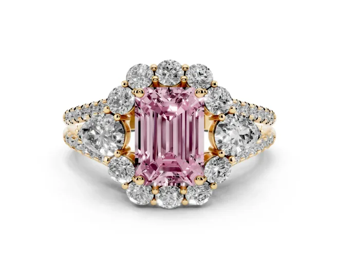Emerald Cut Scalloped Halo Engagement Ring Setting for a Fancy Pink Lab-Grown Diamond | Pear Side Stones | Yellow Gold
