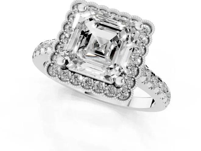 Asscher Cut Diamond Milgrain Floral Halo Engagement Ring Set in Platinum with Pavé Band – second view