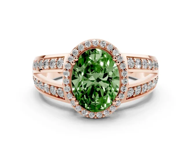 Fancy Green Oval Cut Diamond Halo Ring Set in Rose gold with Double Pavé Split Shank