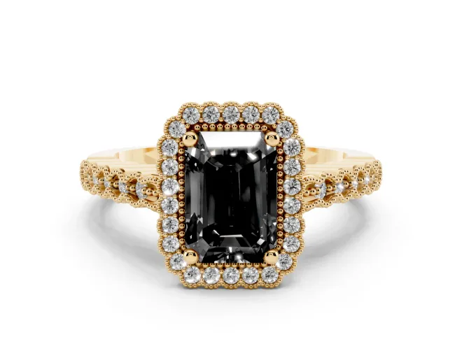 Fancy Black Radiant Cut Diamond Halo Ring Set in Yellow gold with Pavé Milgrain Band