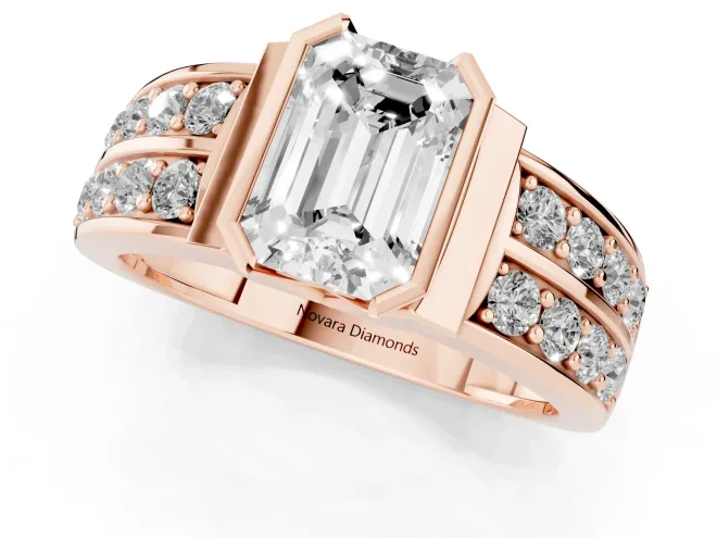 Emerald Cut Diamond Wide Channel Set Band Ring Set in Rose gold with Bezel Setting – second view