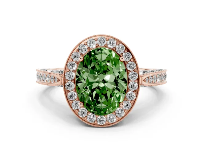 Fancy Green Oval Cut Diamond Halo Engagement Ring Set in Rose gold with Accent Split Shank Band