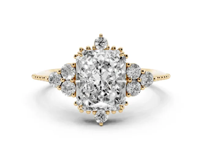 Radiant Cut Vintage Cluster Engagement Ring Setting | Beaded Edges | Yellow Gold